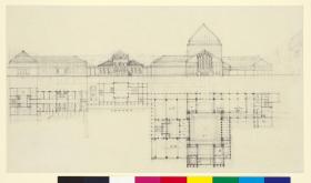 Darmstadt, Projekt Bahnhofsgebäude, vorbereitende Skizze, Aufriss der Hauptfassade und Grundriss