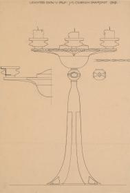 Leuchter, Aufriss, Schnitt, Detail eines dreiarmigen Leuchters