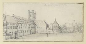Der Barfüßerplatz in Straßburg. Oben steht: Der Barfüsserplatz zu Straßburg