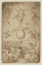 Disputa. Unten: Heilige und Gelehrte im Glaubensgespräch. Oben: Christus in der Glorie zwischen schwebenden Putten auf der Weltkugel stehend