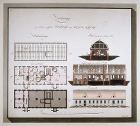 Entwurf zu einem Brauhaus, Ansicht, Grundrisse und Schnitte