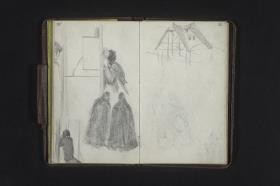 Verschiedene Figurenstudien, verworfene Skizze eines Hauses