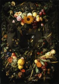 Früchte- und Blumenkartusche mit Weinglas