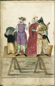 Stammbuch des M. A. Pribil (1587-94) - Drei Komödianten auf einem Bühnengestell