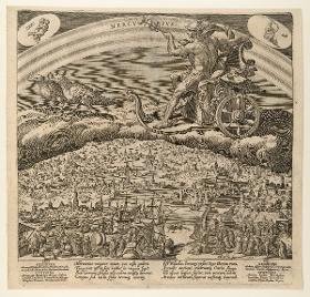 Mercurius im Wagen auf Wolken über die Welt fahrend
