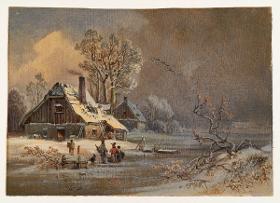Haus in winterlicher Landschaft mit Personen