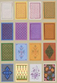 Rückseiten von Spielkarten mit Flächenmustern und floralen Motiven (16 Karten)