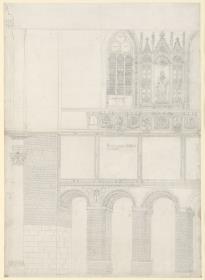 Aufriss des Hauptschiffes der Lateransbasilika vor dem Umbau, nächst dem Chor, Längsschitt, Abschitt vom Triumphbogen bis zum Beginn des 2. Fensters