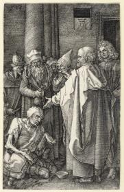 Petrus und Johannes einen lahmen Bettler im Tempel heilend (Kupferstich-Passion)