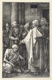 Petrus und Johannes einen lahmen Bettler im Tempel heilend (Kupferstich-Passion)
