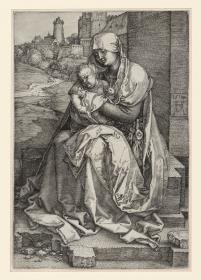 Maria mit Kind vor einer Mauer sitzend
