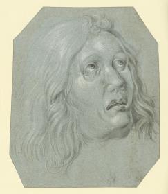 Kopf eines weinend nach rechts emporblickenden, bartlosen Apostels (Johannes)