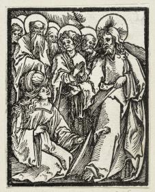 Christus und das Weib mit dem Blutgang (aus: Postilla, 43 Holzschnitte)