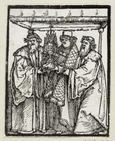 Corpus Christi (Priester mit einer Monstranz), von zwei Laien begleitet (aus: Postilla, 43 Holzschnitte)