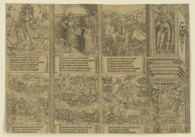 Der Triumphbogen des Kaisers Maximilian I. (13): Die sechs oberen historischen Szenen über dem linken Portal samt Kapitel und Nischenaufsatz der Mittelsäule