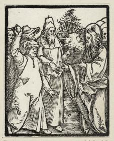 Christus spricht zu den Juden, die ihn steinigen wollen (aus: Postilla, 43 Holzschnitte)