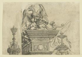 Der Triumphbogen des Kaisers Maximilian I. (31): Bekrönungen der Rahmenarchitektur rechts außen mit Greif, Fackel und Krone