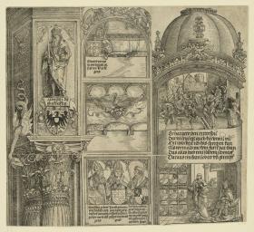 Der Triumphbogen des Kaisers Maximilian I. (30): Kapitel und Aufsatz der rechten Außensäule, Abschluß des Mauerstücks und die Kuppel des Turms samt zwei historischen Szenen