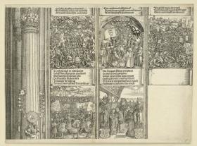 Der Triumphbogen des Kaisers Maximilian I. (23): Die (fünf) unteren historischen Szenen über dem rechten Portal samt des Säulenschafts der Mittelsäule