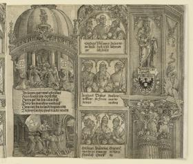 Der Triumphbogen des Kaisers Maximilian I. (19): Kapitel und Aufsatz der linken Außensäule, Abschluß des Mauerstücks mit drei Kaiserreliefs und die Kuppel des Turms samt zwei historischen Szenen