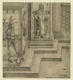Der Triumphbogen des Kaisers Maximilian I. (1a): Linker Sockel des mittleren Portals und der Sockel der linken Mittelsäule