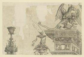 Der Triumphbogen des Kaisers Maximilian I. (20): Bekrönungen der Rahmenarchitektur links außen mit Greif, Fackel und Krone