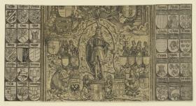 Der Triumphbogen des Kaisers Maximilian I. (6): Der Kaiser als junger Erzherzog, stehend zwischen Reihen von Wappen