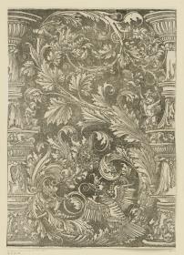 Ornamentaler Buchstabe S aus Ranken- und Blattwerk mit Vögeln und Putti