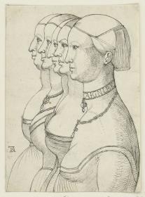 Fünf weibliche Halbfiguren, im Profil nach links, nach der Art Leonardos hintereinander gestellt