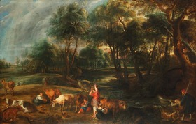 Landschaft mit Kühen und Entenjägern