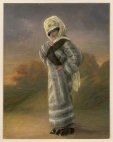 Frau in Pelzmantel mit Hut und Schleier