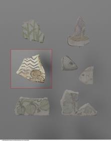 Fragment einer Kompositfliese mit Darstellung einer Ente und Wasserlinien