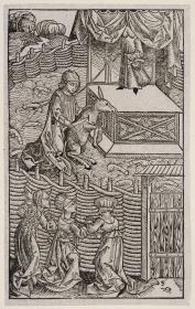 Das Priapus-Opfer. Opferung (?) eine Esels (?) vor einem Altar (?) in einem umzeunten Areal unter Beobachtung dreier Frauen