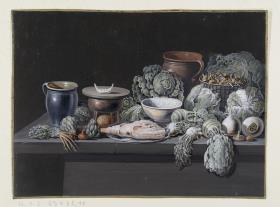 Küchenstück mit Eisbein, Artischocken, Gemüse, und Küchengeräten