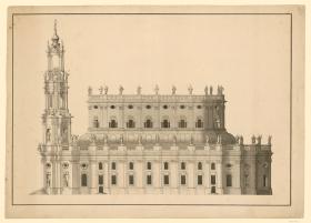 Aufriss der nordwestlichen Längsseite der katholischen Hofkirche in Dresden