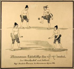Birmanen, Fußball (khje-luùm) spielend.
