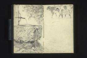 Brunnen mit Steintrog, Schafe