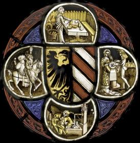 Vierpass-Scheibe mit Wappen der Reichsstadt Nürnberg, Minneszenen und Narr am Brunnen