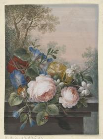 Blumenarrangement auf einer Steinplatte mit rosa Rose (Rosa), gelber Nelke (Dianthus), Jasmin (Jasminum), blauer winde (Convolvulus)e und roter Granate (Punica) mit Schmetterling und braunem Käfer vor einer Waldlandschaft