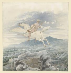 Weibliche Figur (Seifenbläserin) als Allegorie auf Christian Peter Wilhelm Beuth, den Pegasus über einer Industriestadt reitend
