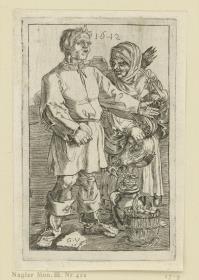 Mann und Frau mit Huhn und Korb