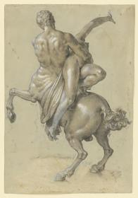 Bronzestatuette: Nessus und Deianira, Ansicht schräg von hinten mit Andeutung des Sockels
