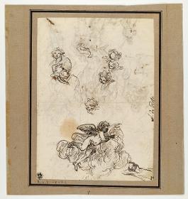Skizzenblatt (Anbetung der Hirten, Detailstudien, Putto in Wolken, Karikatur eines Klerikers, Rückenansicht eines Mannes in Rüstung)