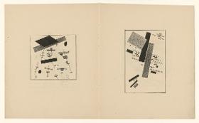 Ohne Titel ("Suprematistische Satelliten" und "In suprematistischem Raum"), Doppelseite aus dem Buch "Suprematismus. 34 Zeichnungen"