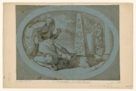 Zwei junge Männer in Betrachtung eines ägyptischen Obelisken, antiker Säulenfragmente und einer Minerva-Statue, im Queroval