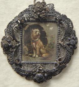 Hund vor einer Tonne. Miniatur aus der Sammlung Loewe