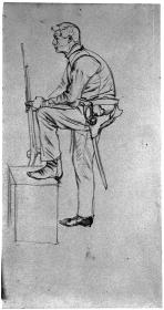Soldat mit Gewehr und Säbel, das linke Bein hochgestellt. Modellstudie zu "Friedrich und die Seinen bei Hochkirch"