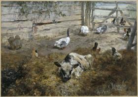 Das Kalb mit Hühnern und Gänsen. Aus dem "Kinderalbum"