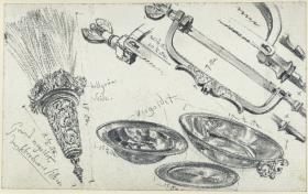 Bügelsäge, Metallteller und Pinsel mit Silbergriff aus dem Jagd- und Arbeitstisch Kurfürst Johann Georgs I. von Sachsen, Historisches Museum, Dresden