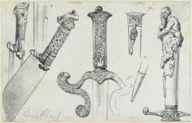 Weidmesser vom Ende des 16. Jh, Jadgschwert aus der 1. Hälfte des 17. Jh sowie der "Permoser"-Hirschfänger vom Anfang des 18. Jh., Historisches Museum, Dresden